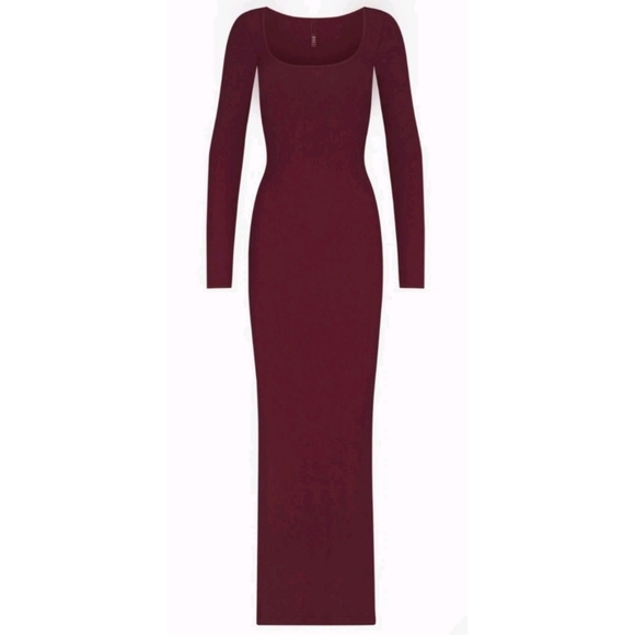 SKIMS Ribbed Long Sleeve Maxi Dress, Size Large, Color Bordeaux Wine - Picture 1 of 9
